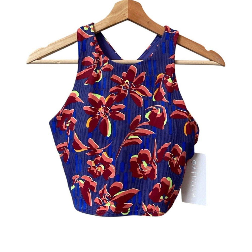 Athleta Sports Bra Racerback Purple Floral Print High Neck Bralette Size Small